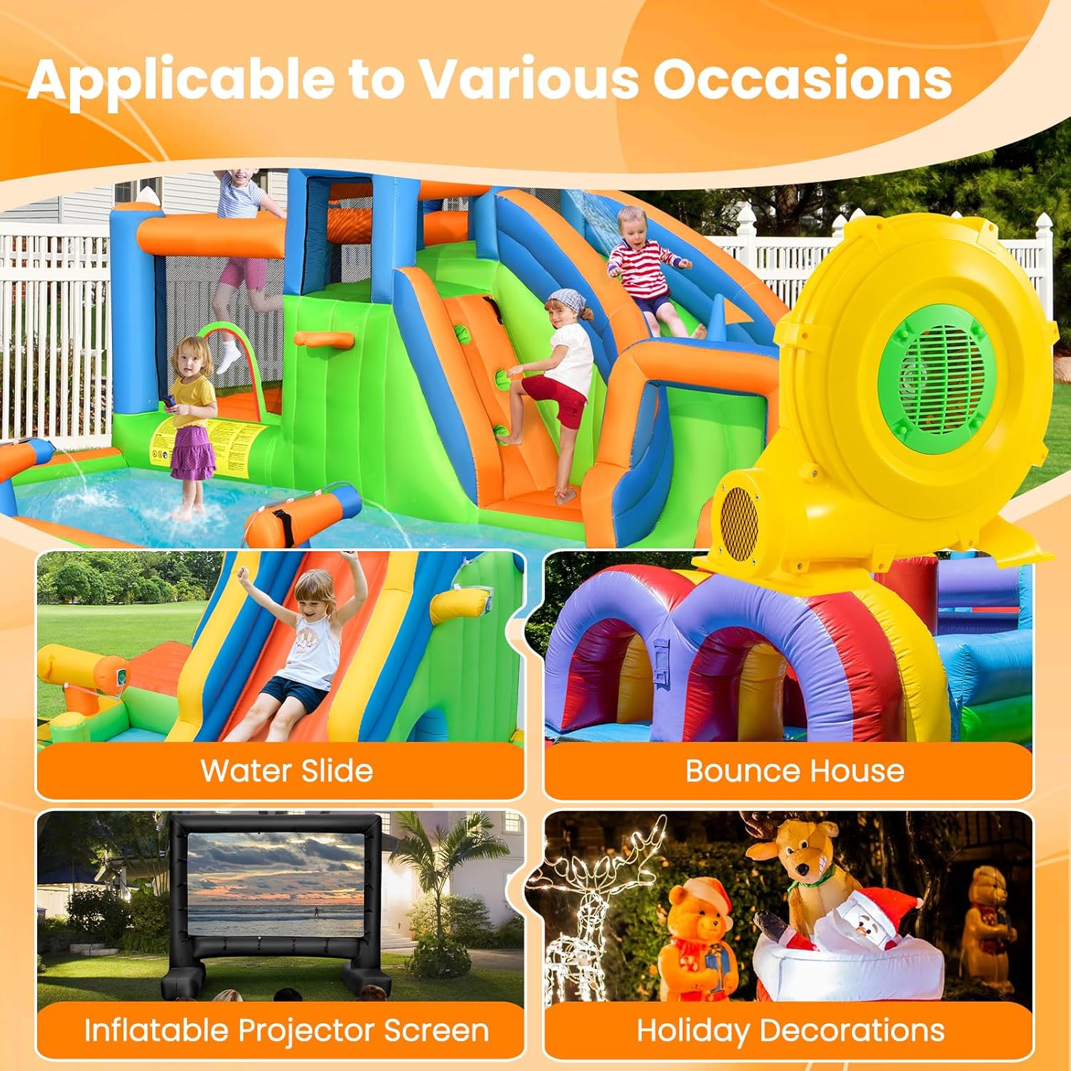 Ventilatore di Aria del Castello Gonfiabile, Soffiatore per Giochi Gonfiabili con Cavo di Alimentazione, Picchetti da Terreno, per Castello Gonfiabile, Scivolo Acquatico (750W)