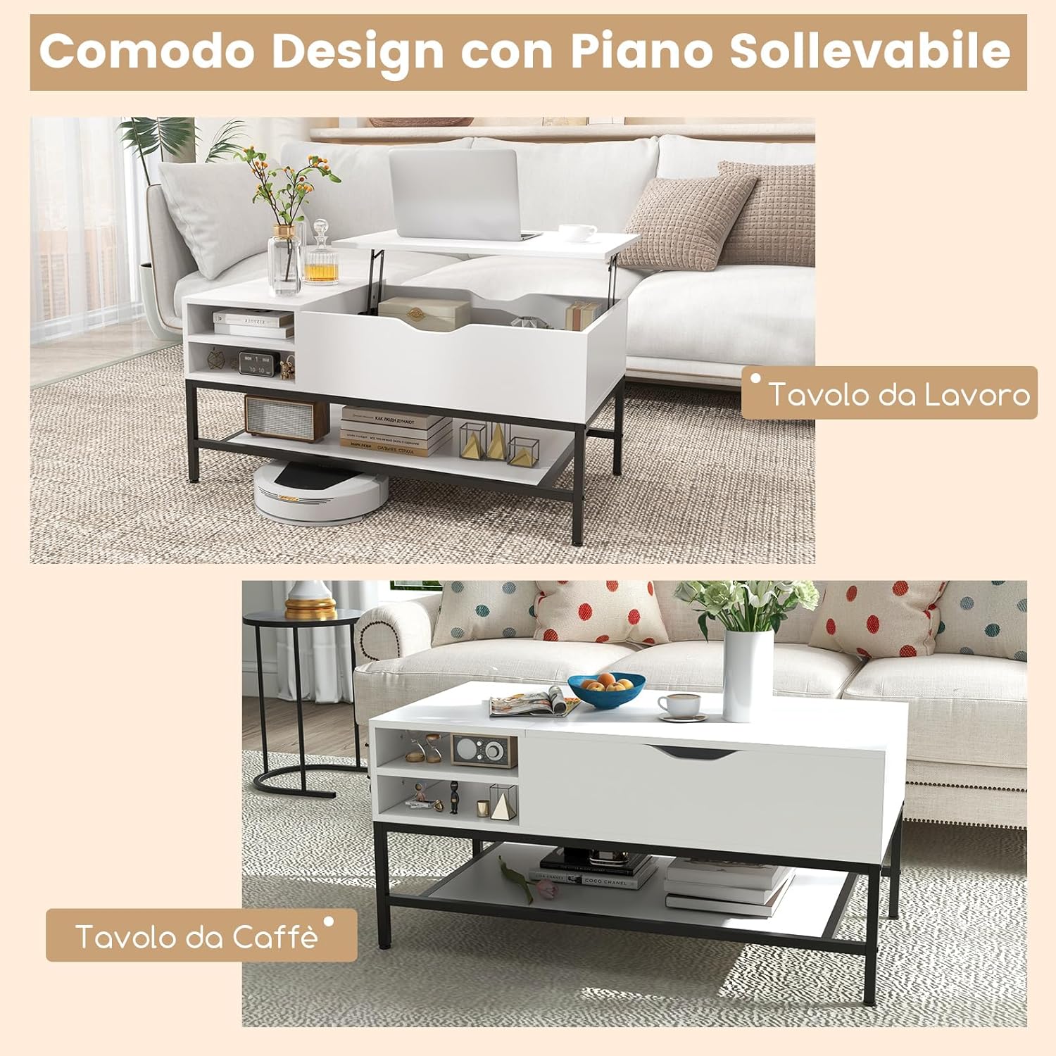 Tavolino da Salotto, Tavolino da Caffè con Piano Sollevabile, Vano Nascosto e Ripiano Rimovibile, Tavolino Basso in Legno e Metallo per Soggiorno e Sala, 100 x 50 x 48-61 cm (Bianco)