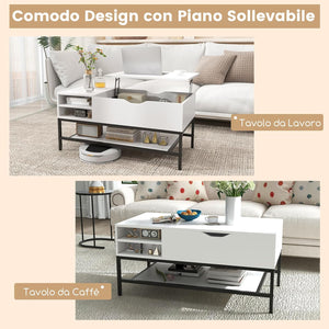 Tavolino da Salotto, Tavolino da Caffè con Piano Sollevabile, Vano Nascosto e Ripiano Rimovibile, Tavolino Basso in Legno e Metallo per Soggiorno e Sala, 100 x 50 x 48-61 cm (Bianco)