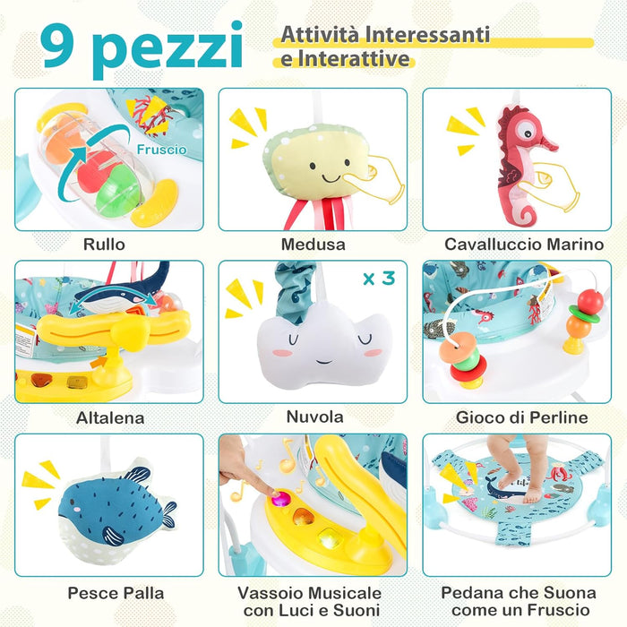 Jumperoo per Bambini, Centro attività Saltella con Altezza Regolabile, Gioco Saltellante con Sedile Girevole a 360°, Saltarello per Neonati con Luci e Suoni per Bambini 6+ Mesi (Azzurro)