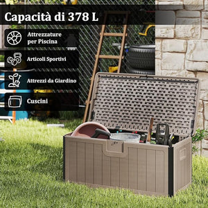 Baule da Esterno 378 L Impermeabile, Cassapanca Contenitore in Resina con Coperchio Bloccabile, Contenitore Salvaspazio per Giardino e Cortile, 130 x 64 x 59 cm (Marrone)