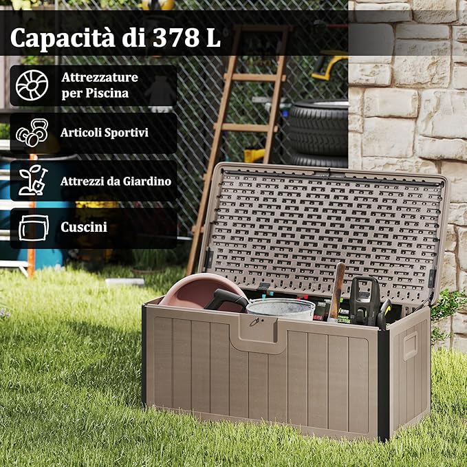 Baule da Esterno 378 L Impermeabile, Cassapanca Contenitore in Resina con Coperchio Bloccabile, Contenitore Salvaspazio per Giardino e Cortile, 130 x 64 x 59 cm (Marrone)