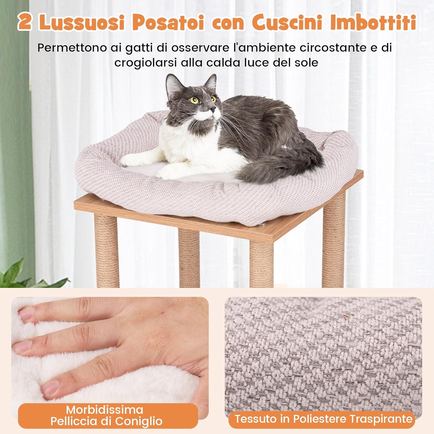 Tiragraffi in Legno 120cm, Torre con Graffiare in Sisal per Gatti a Tema Sportivo con 2 Piani, 2 Posatoi, Amaca e Cuscini Imbottiti, Mobile per Animali Domestici, Naturale