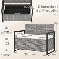 Panchina da Esterno in Rattan PE 117 x 62 x 85 cm, Cassapanca Contenitore da Esterno con Cuscino, Telaio in Metallo, Spazio di Stoccaggio e Fodera Protettiva per Patio, Bordo Piscina e Balcone