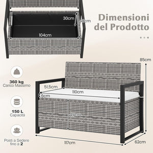Panchina da Esterno in Rattan PE 117 x 62 x 85 cm, Cassapanca Contenitore da Esterno con Cuscino, Telaio in Metallo, Spazio di Stoccaggio e Fodera Protettiva per Patio, Bordo Piscina e Balcone