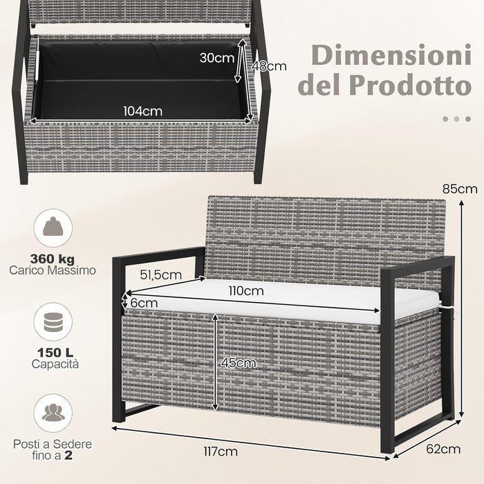 Panchina da Esterno in Rattan PE 117 x 62 x 85 cm, Cassapanca Contenitore da Esterno con Cuscino, Telaio in Metallo, Spazio di Stoccaggio e Fodera Protettiva per Patio, Bordo Piscina e Balcone