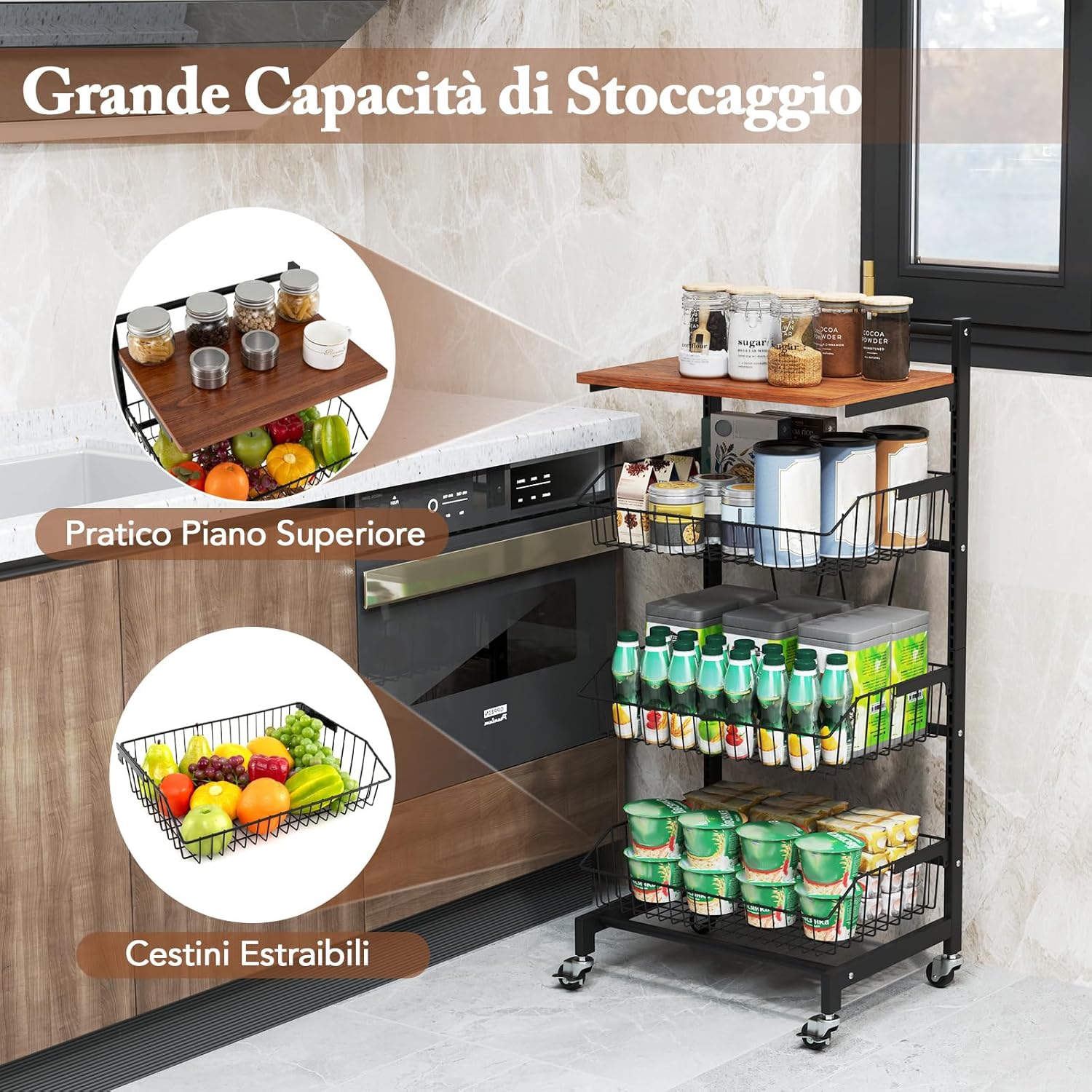 Carrello da Cucina con Ruote, Cestini Portaoggetti per Frutta e Verdura con Cestini Regolabili in Altezza e Rimovibili, Carrello Portafrutta a 4 Piani, Piano in Legno, 40x31x88 cm
