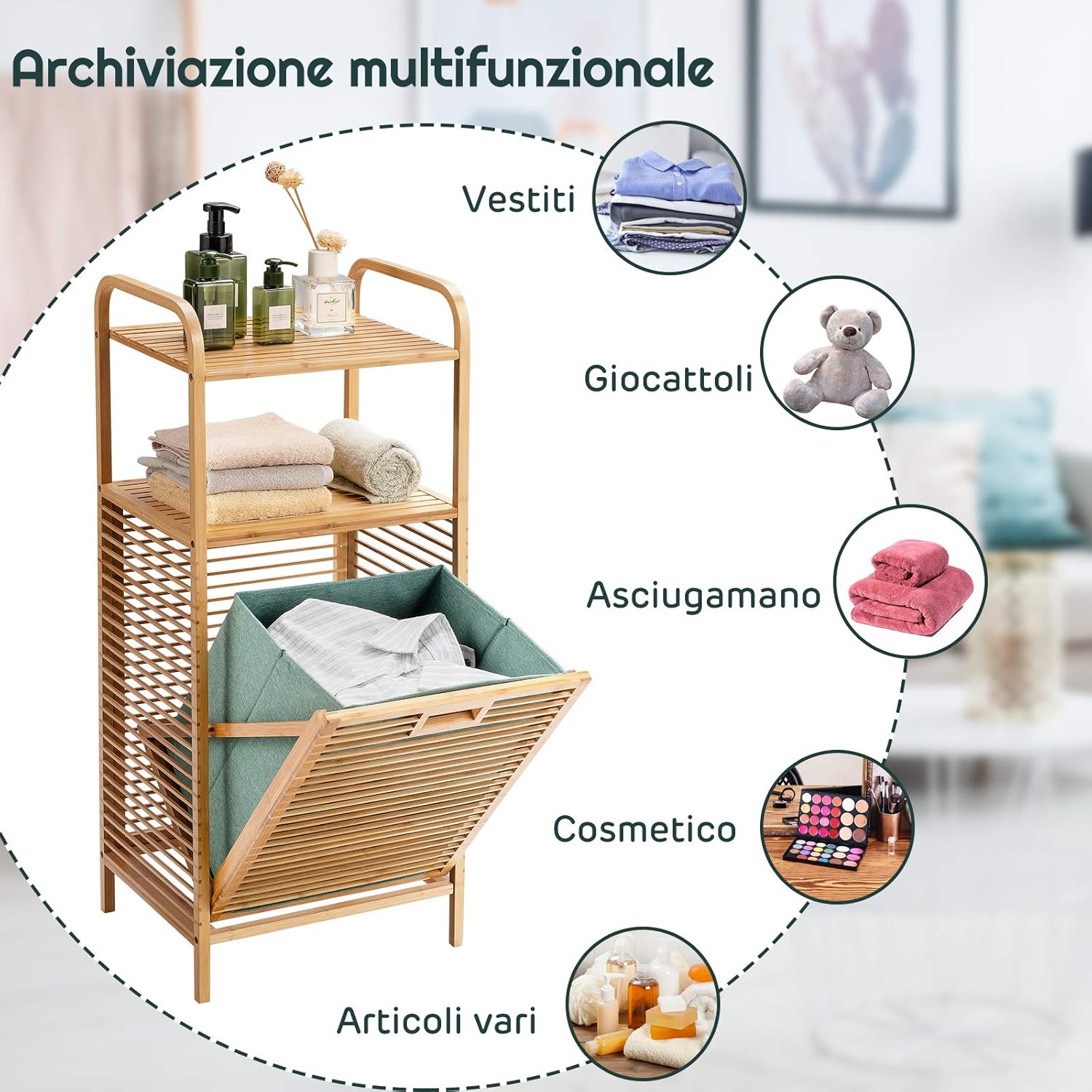 Armadietto da Terra Mobiletto Bagno 2 Ripiani Autoportante, con Sacco Portabiancheria, Adatto anche per Camera da Letto Salotto, in Bambù, 40,5 x 33 x 95,5 cm