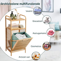 Armadietto da Terra Mobiletto Bagno 2 Ripiani Autoportante, con Sacco Portabiancheria, Adatto anche per Camera da Letto Salotto, in Bambù, 40,5 x 33 x 95,5 cm