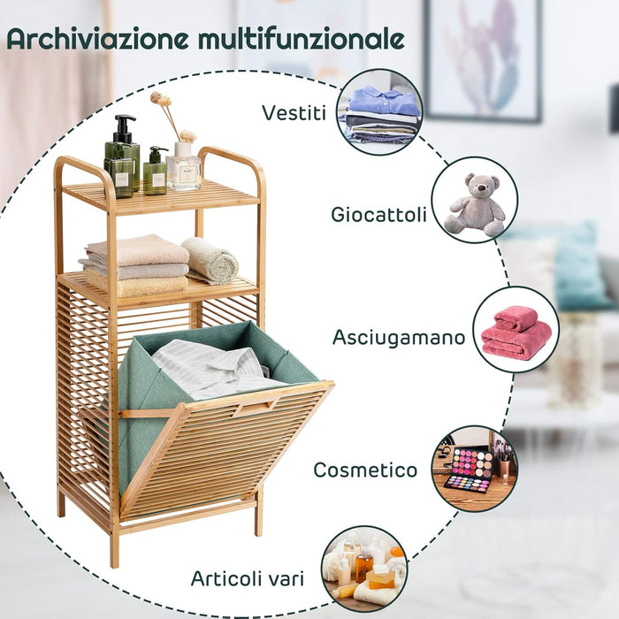 Armadietto da Terra Mobiletto Bagno 2 Ripiani Autoportante, con Sacco Portabiancheria, Adatto anche per Camera da Letto Salotto, in Bambù, 40,5 x 33 x 95,5 cm