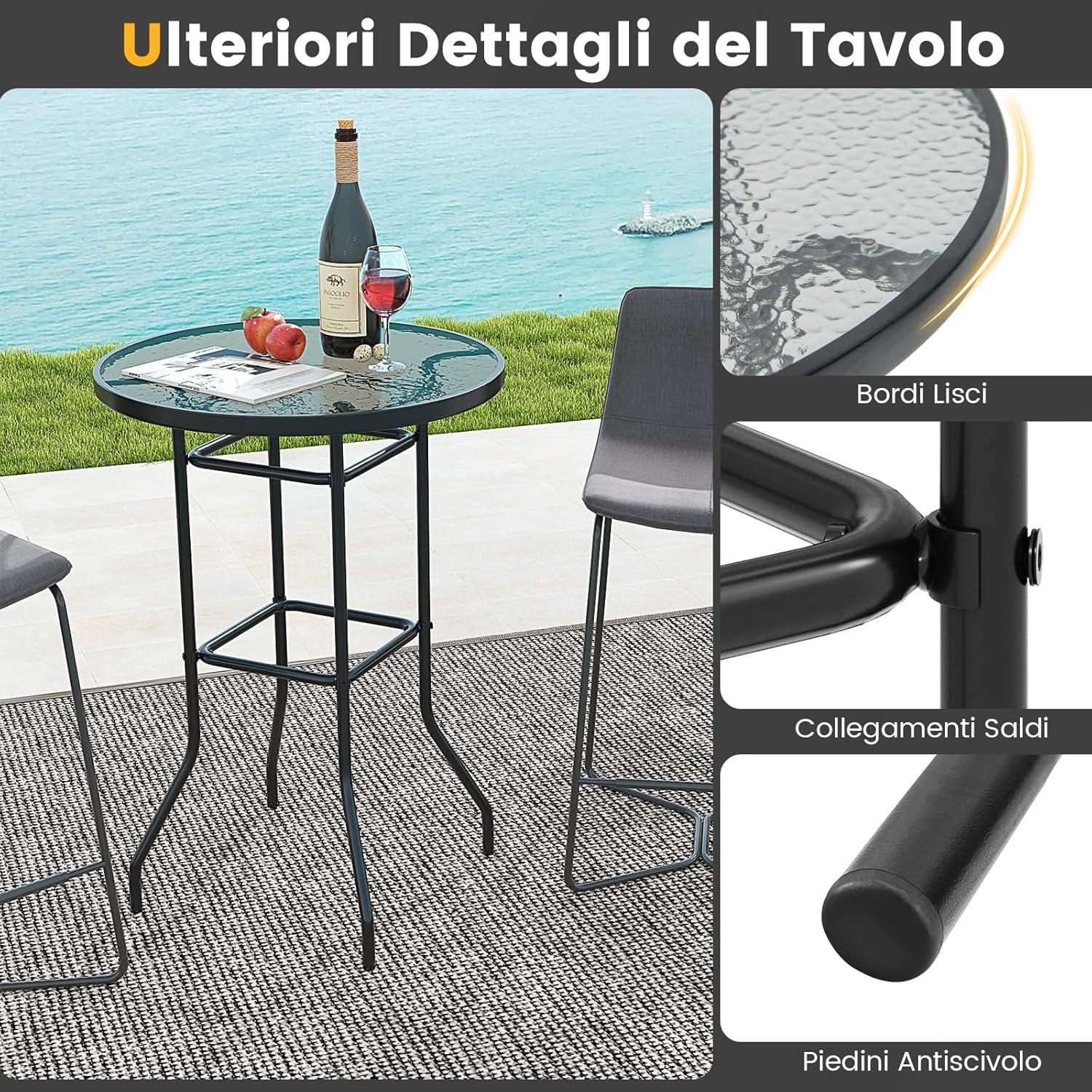 Tavolo da Bar per Giardino, Tavolo 97 cm con Piano in Vetro Temperato e Telaio in Metallo, Tavolo da Esterno per Giardino, Balcone, Cortile, Bordo, 68 x 68 x 97 cm