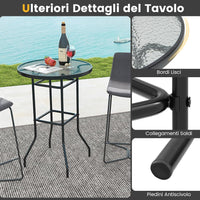 Tavolo da Bar per Giardino, Tavolo 97 cm con Piano in Vetro Temperato e Telaio in Metallo, Tavolo da Esterno per Giardino, Balcone, Cortile, Bordo, 68 x 68 x 97 cm