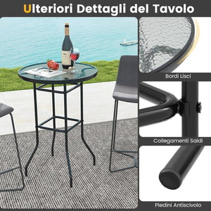 Tavolo da Bar per Giardino, Tavolo 97 cm con Piano in Vetro Temperato e Telaio in Metallo, Tavolo da Esterno per Giardino, Balcone, Cortile, Bordo, 68 x 68 x 97 cm
