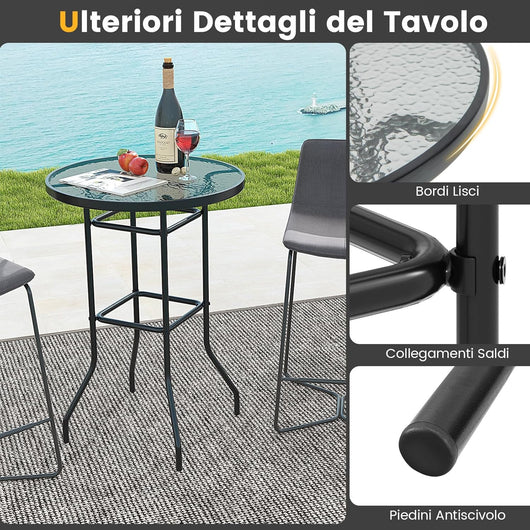 Tavolo da Bar per Giardino, Tavolo 97 cm con Piano in Vetro Temperato e Telaio in Metallo, Tavolo da Esterno per Giardino, Balcone, Cortile, Bordo, 68 x 68 x 97 cm