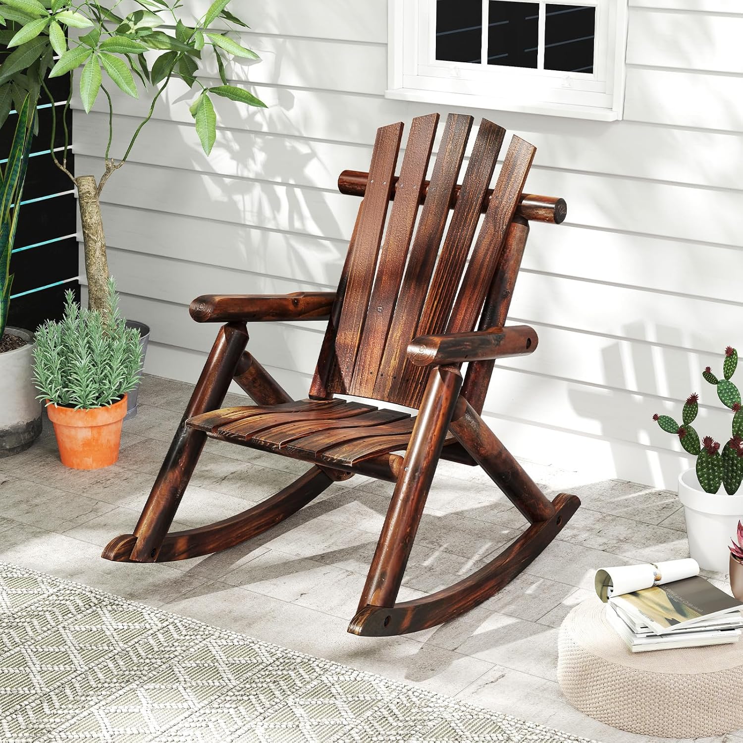 Sedia a Dondolo Adirondack da Esterno, Poltrona da Relax in Legno Giardino, Schienale Alto e Seduta a Doghe, Sedia da Patio per Balcone Cortile, Portata 150 kg