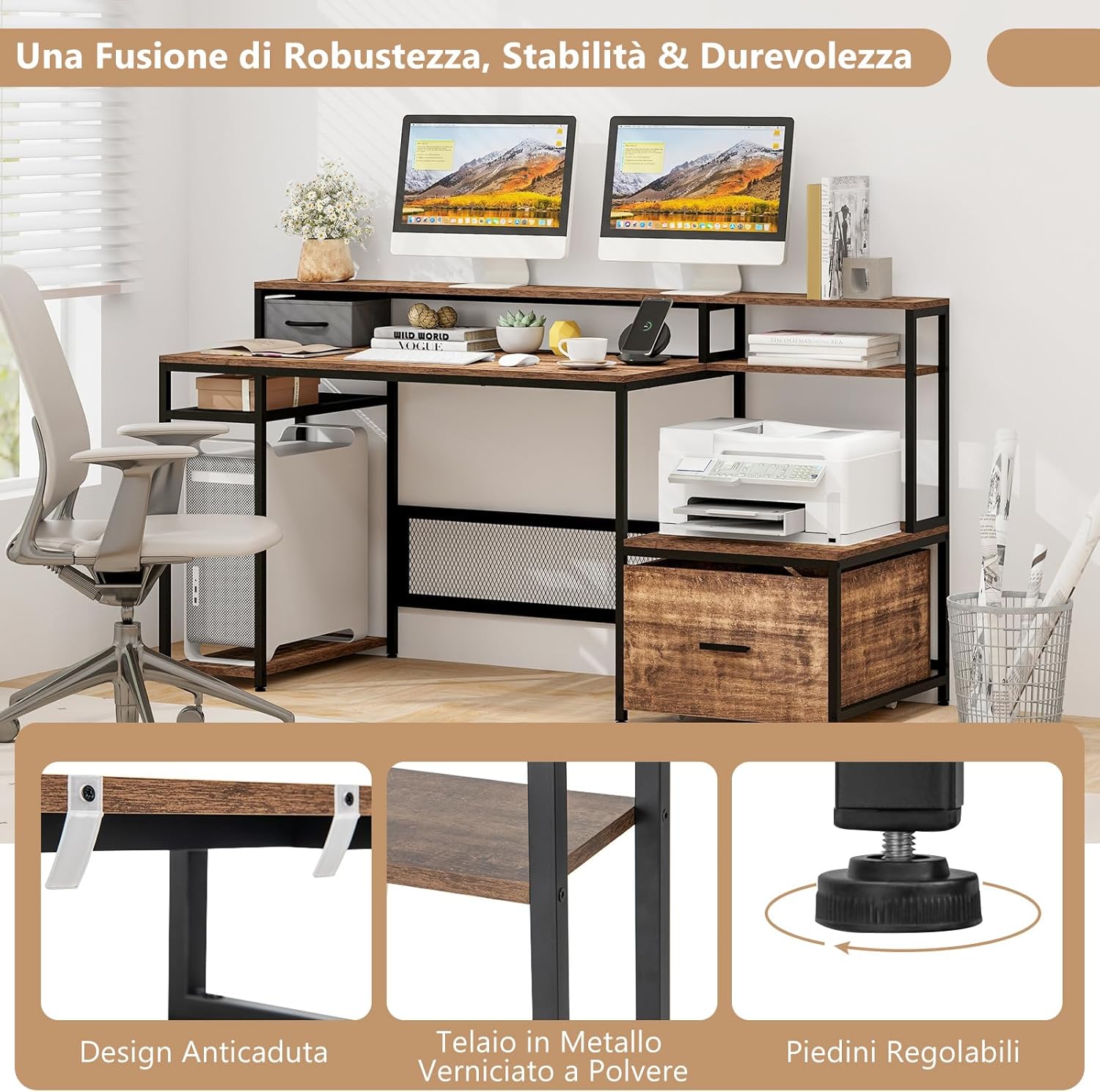 Scrivania per Computer da 170 CM, Scrivania con Supporto per Monitor e Cassetto, Prese di Corrente, Porte USB e Ripiani di Archiviazione, Scrivania per Ufficio e Casa