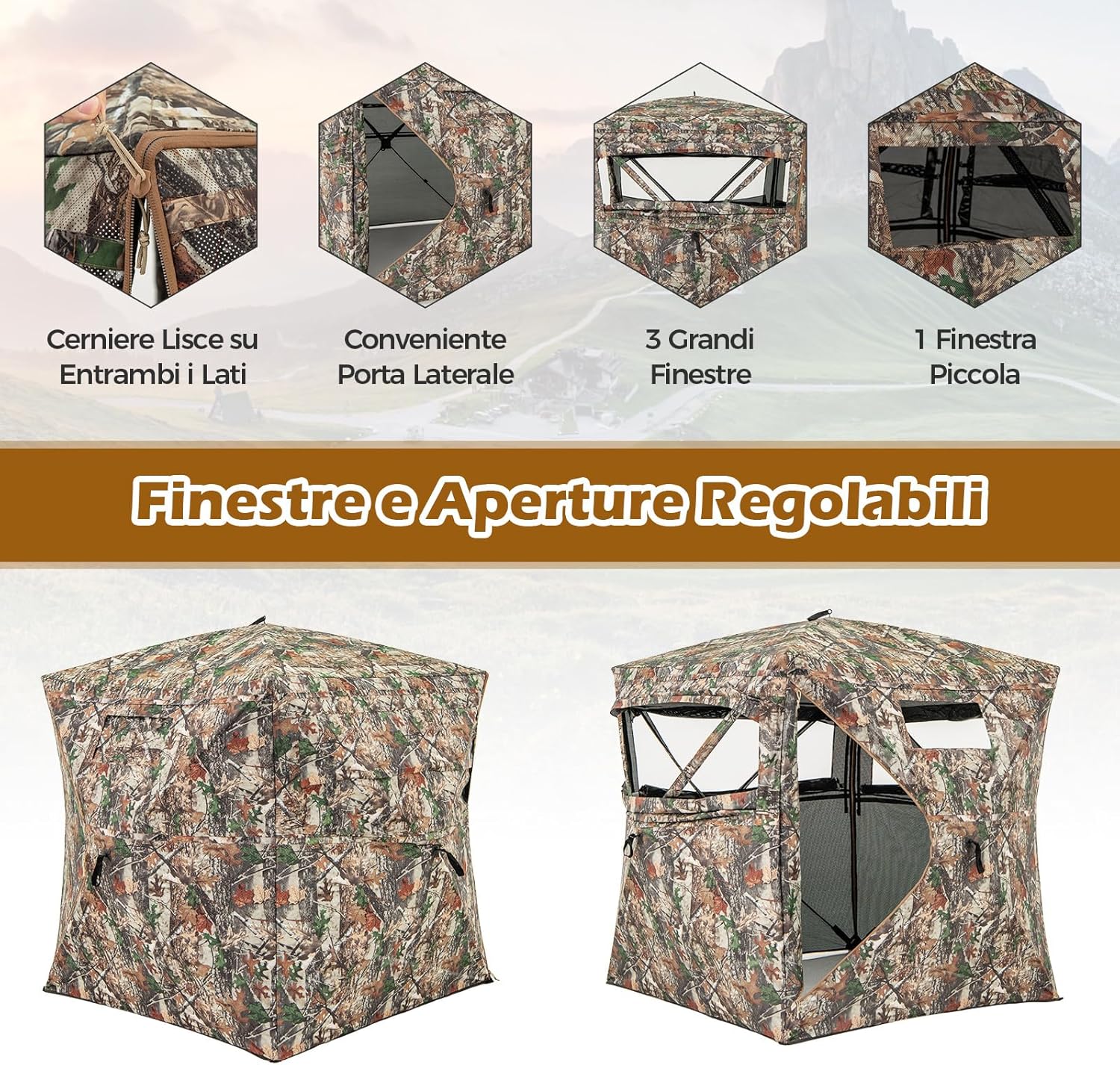 Tenda da Caccia per 2-3 Persone, Tenda Mimetica a Visione a 360° per Caccia, Tenda Pop-Up Camouflage con Borsa da Trasporto, Apribile Completamente da 1 Lato, 148 x 148 x 170 cm