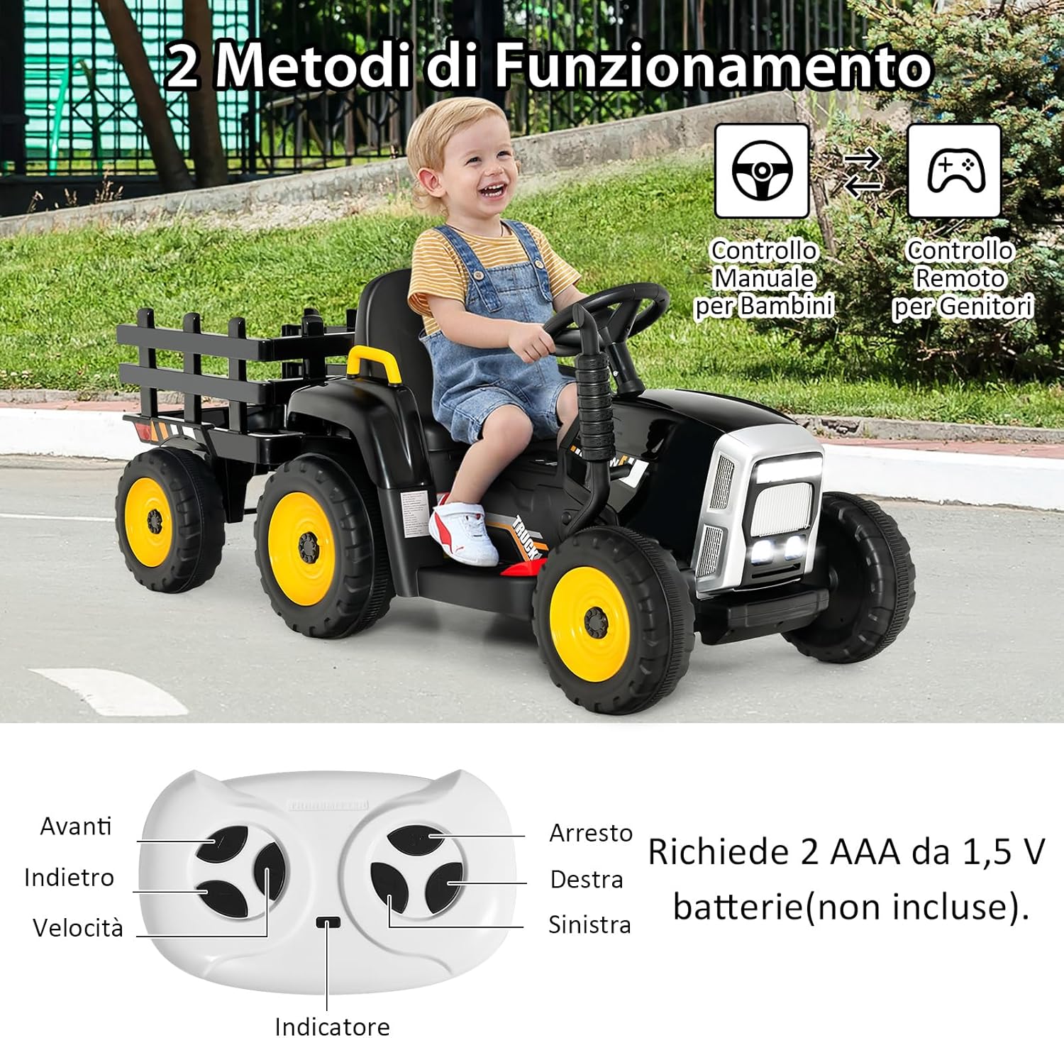 Trattore con Rimorchio Cavalcabile per Bambini 12V, Trattore Elettrico Telecomandato, con Luci e Suoni, 30kg, 3+ Anni (Nero)