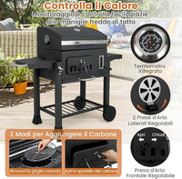 Barbecue a Carbone da Esterno con Ruote, Barbecue a Carbone Portatile con 2 Tavolini Pieghevoli, Vassoio del Carbone Regolabile a 6 Livelli e Ripiano di Stoccaggio, per Campeggio, Picnic