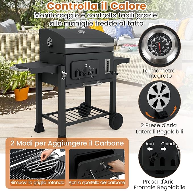 Barbecue a Carbone da Esterno con Ruote, Barbecue a Carbone Portatile con 2 Tavolini Pieghevoli, Vassoio del Carbone Regolabile a 6 Livelli e Ripiano di Stoccaggio, per Campeggio, Picnic