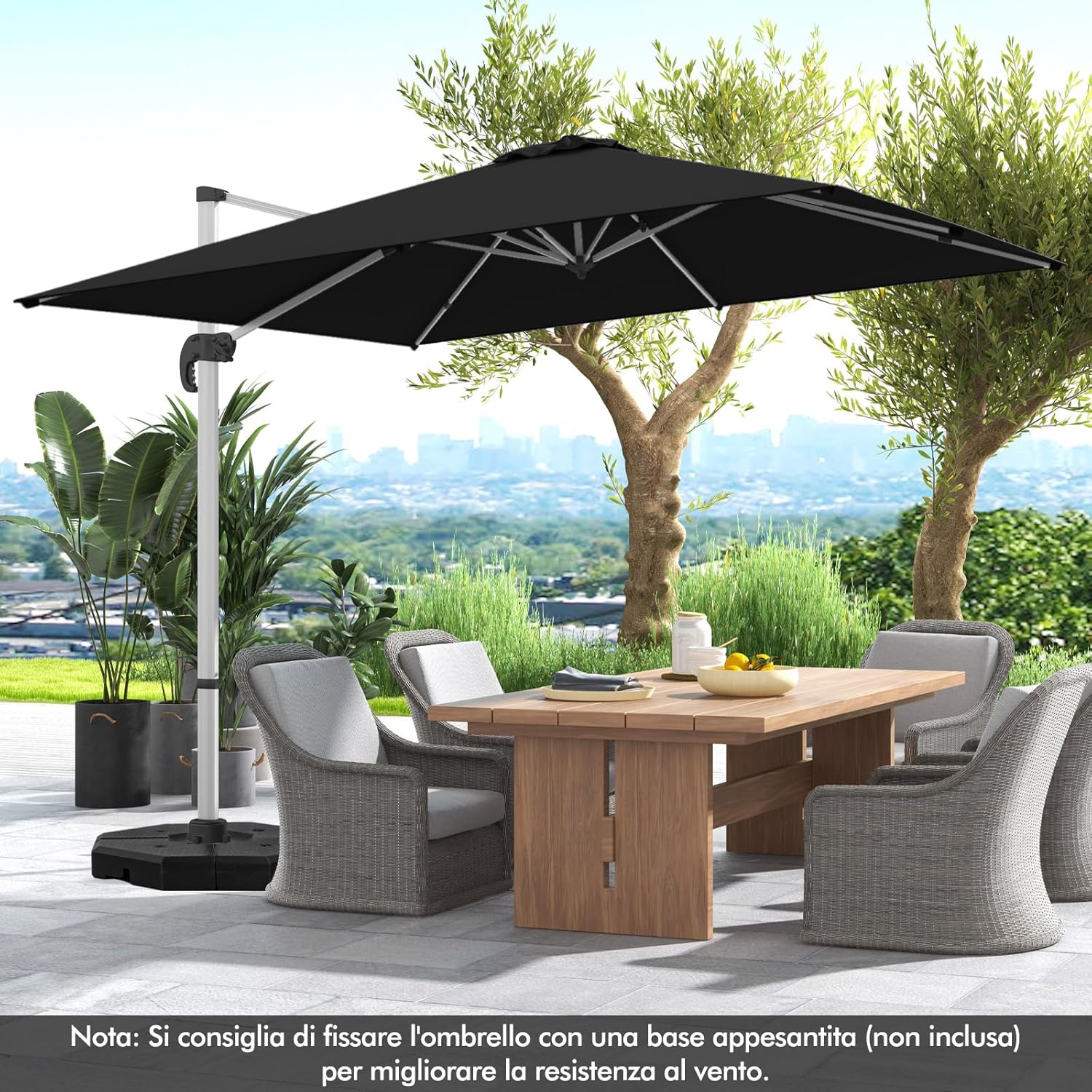 Ombrellone da Giardino, con Base Incrociata, Ombrellone Quadrato da Esterno con Palo in Alluminio e Girevole a 360°, Manovella e Inclinazione Regolabile, 300 x 300 cm (Nero)