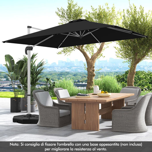 Ombrellone da Giardino, con Base Incrociata, Ombrellone Quadrato da Esterno con Palo in Alluminio e Girevole a 360°, Manovella e Inclinazione Regolabile, 300 x 300 cm (Nero)