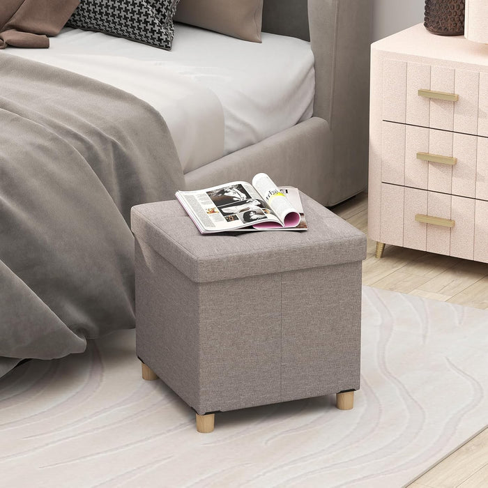 Pouf Contenitore da 45 cm, Sgabello con Vassoio e Gambe in Legno di Gomma, Poggiapiedi Imbottito, Sgabello per Scarpe Quadrato per Soggiorno, Portata 150 kg (Grigio)