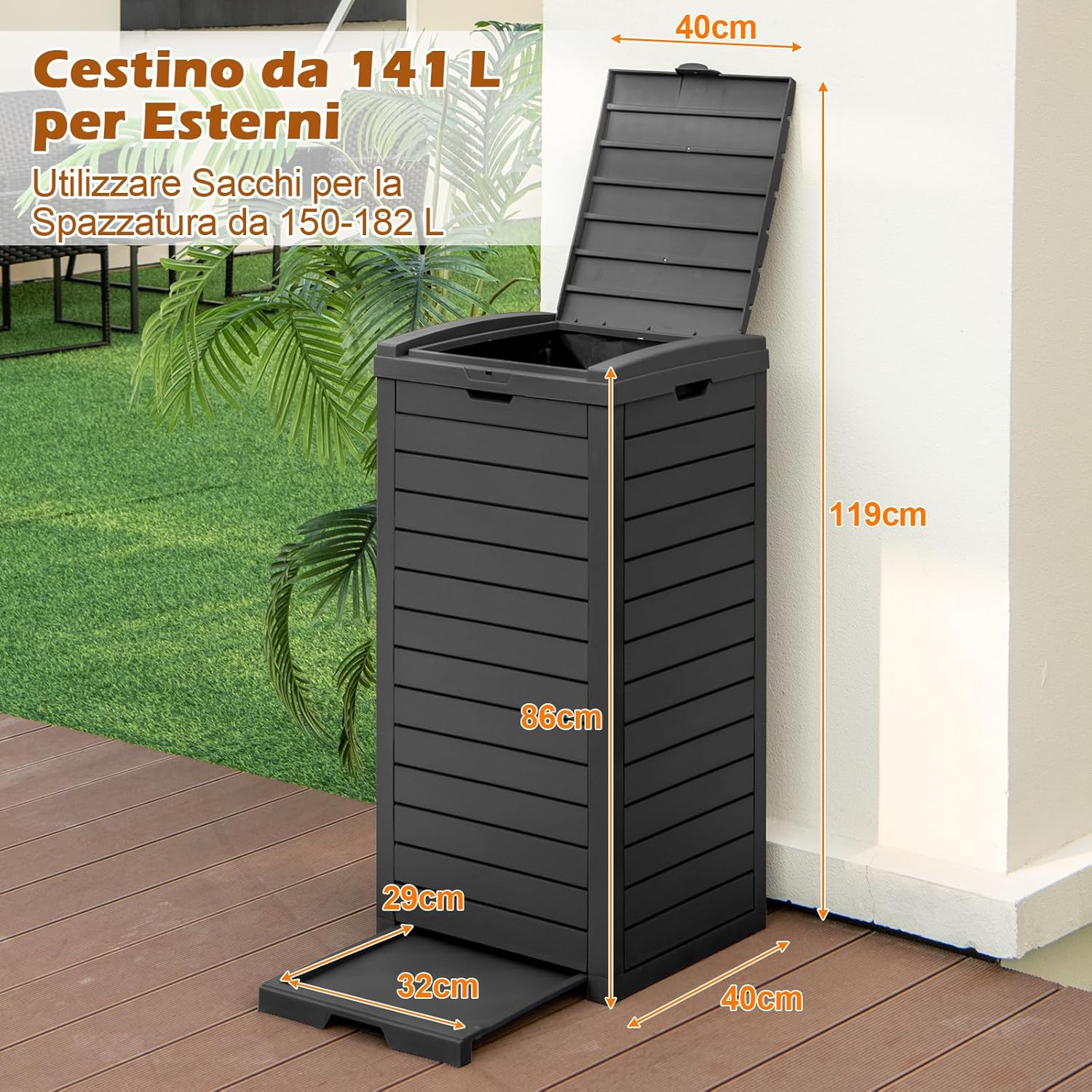 Pattumiera per Rifiuti Esterno e Interno 117,5 L, Contenitore per Raccolta Differenziata Impermeabile con Coperchio a Doppia Chiusura e Vassoio Estraibile per Liquidi (Nero)