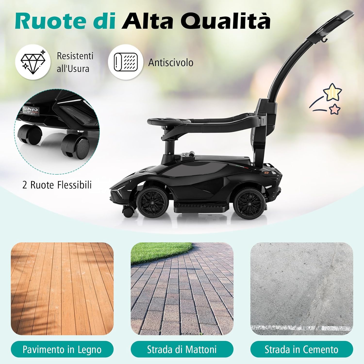 3 in 1 Auto da Spinta, Auto Scorrevole con Paracolpi e Manubrio Rimovibili Musica e Fari, Spazio di Stoccaggio Nascosto e Ruote Universali Staccabili, Bambini 18-24 Mesi (Nero)