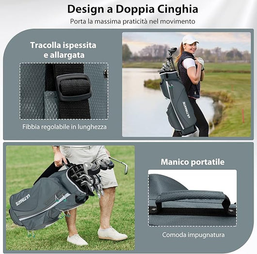 Borsa da Golf con 14 Divisori, Sacca da Golf per Carrello Leggera con Tracolla, 7 Tasche con Cerniera, tra cui Borsa Termica, Basca Portaoggetti e Copertura Impermeabile e Antipolvere