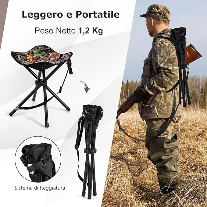 Set di 2 Sgabelli da Caccia Treppiede Pieghevoli, Sgabello da Esterno Pieghevole Leggero con Tracolla, Sgabello Treppiede Portatile per Campeggio, Caccia, Pesca, Viaggi, Carico Massimo 150 kg