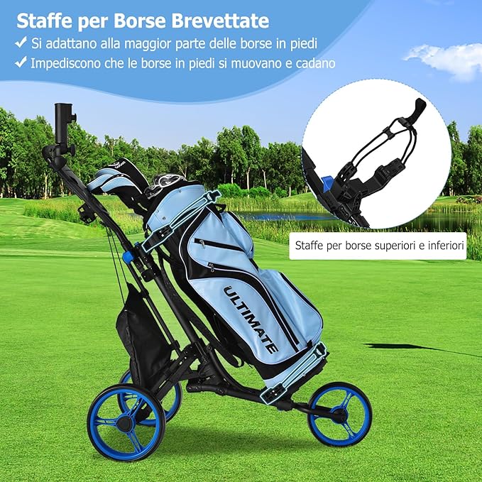 Carrello da Golf Pieghevole con 3 Ruote, Struttura in Alluminio, Cinghia Elastica, Portaombrello Regolabile e Porta Bicchiere, Segnapunti e Freno a Pedale