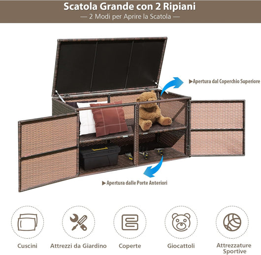 Baule Contenitore da 335L, con Coperchio e 2 Ripiani, Contenitore da Giardino con Telaio in Acciaio, Box per Conservazione di Attrezzi Giocattoli Accessori (Marrone)
