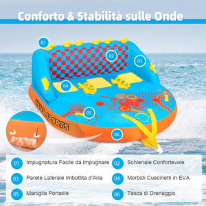 Tube Trainabile per Barche 3 Posti, Trainabili Sportivi per Acqua, Divano Trainabile con Copertura, Punti di Traino Anteriore e Posteriore, Tube Gonfiabile per Trainare Gente sull'Acqua