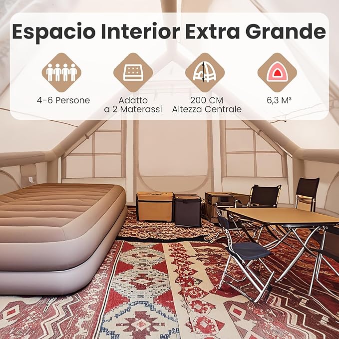 Tenda da Campeggio Gonfiabile, Tenda Gonfiabile Impermeabile per 4-6 Persone con Pompa, Finestre in Rete, 2 Porte e borsa da Trasporto, per Campeggio e Picnic, 300 x 210 x 200 cm