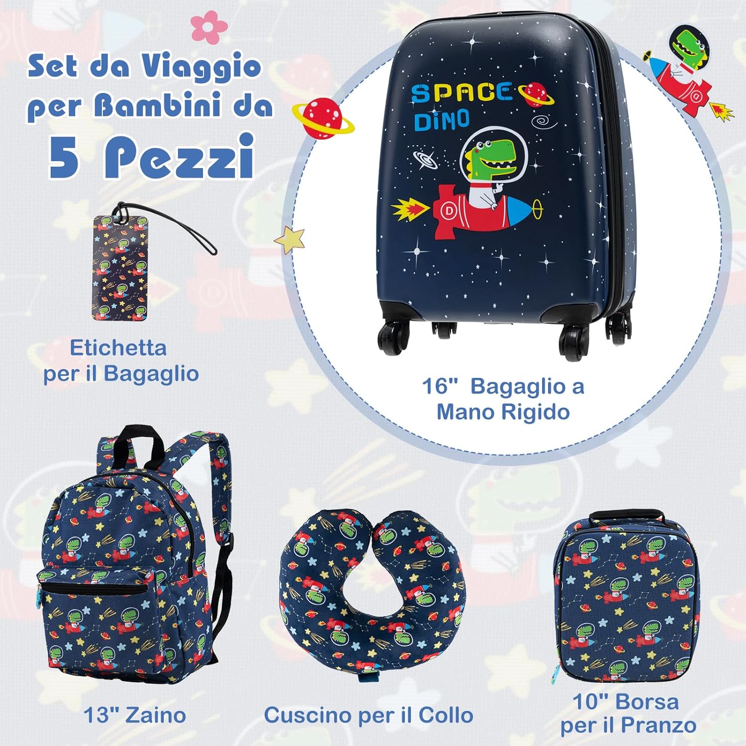 5 Pezzi Valigia per Bambini, Valigia con ManicoTelescopico da 16" con 13" Zainetto, Cuscino per Il Collo, Etichetta per Bagaglio, Borsa per Il Pranzo, con Ruote Girevoli a 360 ° (Modello 2)
