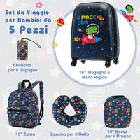 5 Pezzi Valigia per Bambini, Valigia con ManicoTelescopico da 16" con 13" Zainetto, Cuscino per Il Collo, Etichetta per Bagaglio, Borsa per Il Pranzo, con Ruote Girevoli a 360 ° (Modello 2)
