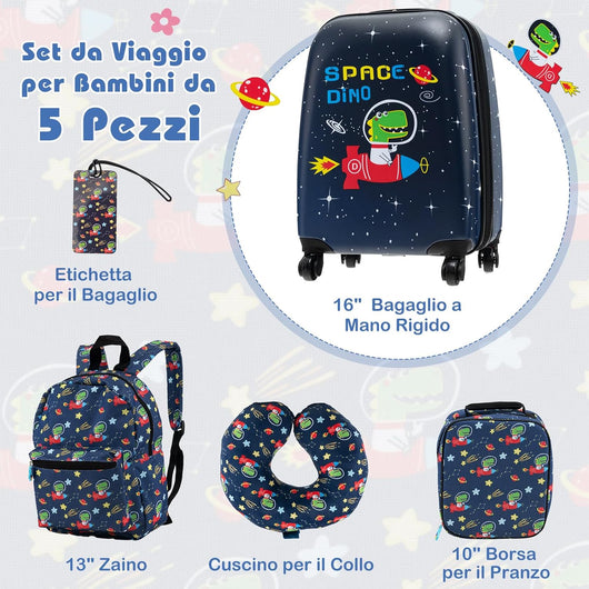 5 Pezzi Valigia per Bambini, Valigia con ManicoTelescopico da 16" con 13" Zainetto, Cuscino per Il Collo, Etichetta per Bagaglio, Borsa per Il Pranzo, con Ruote Girevoli a 360 ° (Modello 2)