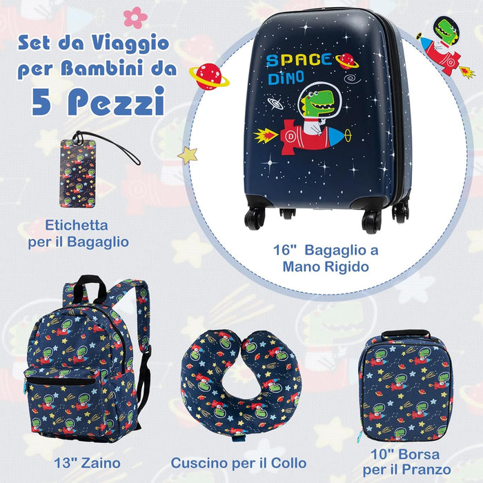 5 Pezzi Valigia per Bambini, Valigia con ManicoTelescopico da 16" con 13" Zainetto, Cuscino per Il Collo, Etichetta per Bagaglio, Borsa per Il Pranzo, con Ruote Girevoli a 360 ° (Modello 2)