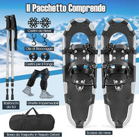 Set 4 in 1 Ciaspole da Neve 53/63/78 cm per Uomini, Donne e Ragazzi con Sistema di Fissaggio, Telaio in Alluminio, Bastoncini da Trekking, Ghette Gambe Impermeabile e Borsa