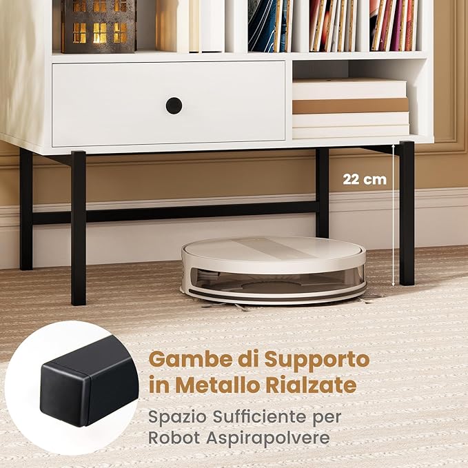 Armadio Camera da Letto 70 x 36 x 80 cm, Credenza Salvaspazia in Legno con Scomparti Aperti, Supporti per Album e Cassetto, Mobile Moderno per Sala Musica e Soggiorno (Bianco)
