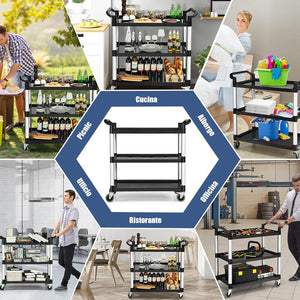Carrello di Servizio a 3 Ripiani, Carrello Multiuso con Maniglie Ampio Spazio e Ruote Flessibili con Freni, Adatto a Ufficio Ristorante Casa Officina, 103x49x98 cm