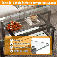 Tavolino da Caffè in Vetro, Tavolino Rettangolare a 2 Livelli con Ripiano e Gambe in Legno di Gomma, Tavolo Moderno per Soggiorno, Casa e Ufficio, 107 x 60 x 42 cm