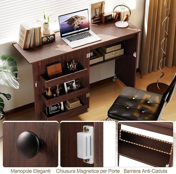 Mobile per Macchina da Cucire Pieghevole, Tavolo da Cucito con Stazione di Ricarica, Ruote Bloccabili, Ripiano e Contenitori (Marrone Scuro, 116 x 41 x 78 cm)