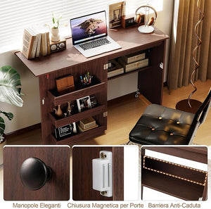 Mobile per Macchina da Cucire Pieghevole, Tavolo da Cucito con Stazione di Ricarica, Ruote Bloccabili, Ripiano e Contenitori (Marrone Scuro, 116 x 41 x 78 cm)