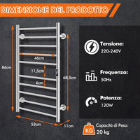 120W Scaldasalviette Elettrico con 10 Barre, Timer e Display LCD, Portasciugamani Elettrico Riscaldato Impermeabile in Acciaio Inox, Argento