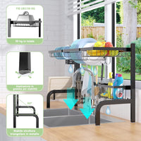 Scolapiatti sul Lavandino, Scolapiatti a 2 Livelli Regolabile per Riporre i Piatti e Utensili da Cucina, con 4 Cestini e 8 Ganci, Carico Massimo: 50 kg