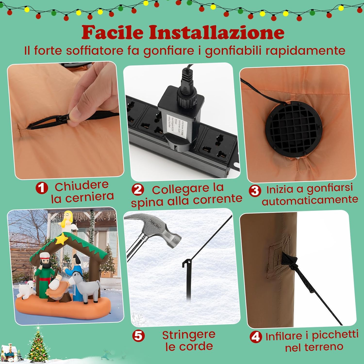 Presepe di Natale Gonfiabile da 180 cm, Decorazione Natalizia Gonfiabile Scena della Natività, con Luci LED Incorporate, per Interni e Esterni