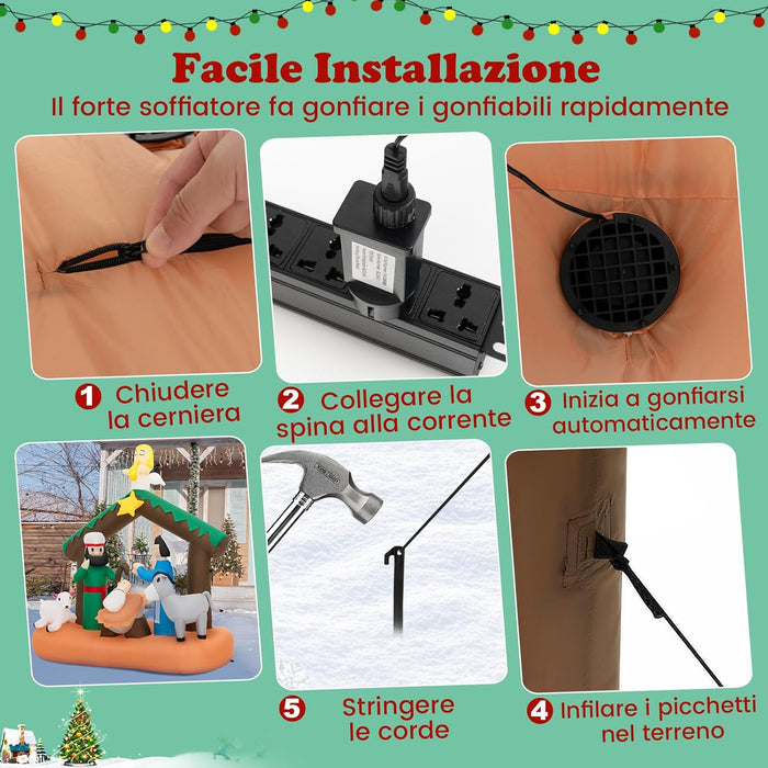 Presepe di Natale Gonfiabile da 180 cm, Decorazione Natalizia Gonfiabile Scena della Natività, con Luci LED Incorporate, per Interni e Esterni