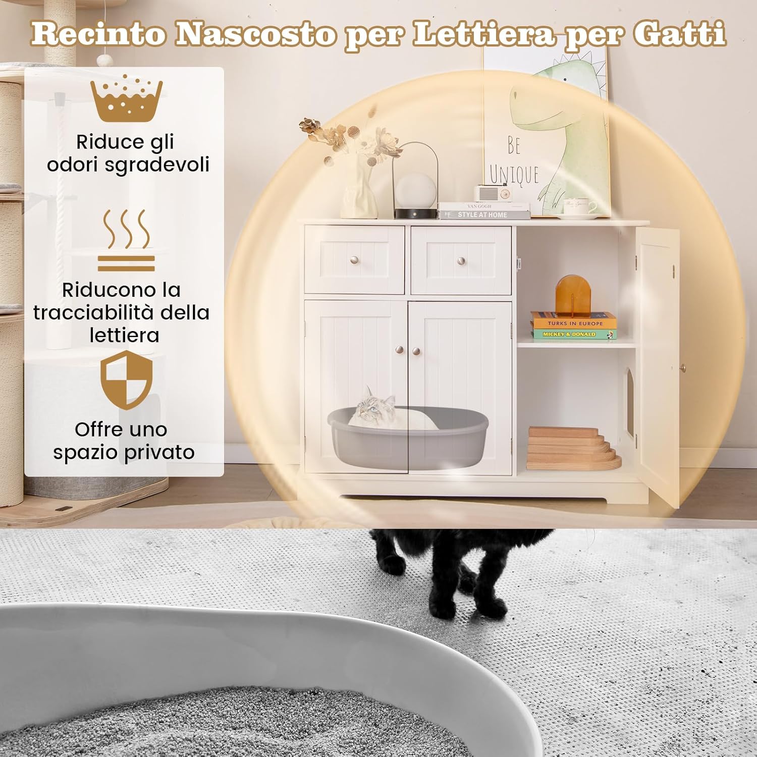 Lettiera Nascosto per Gatti, Mobile Laterale per Gatti con 2 Cassetti, 3 Porte e Dispositivi Anti-Ribaltamento, Armadio Moderno per Animali Domestici, Bianco